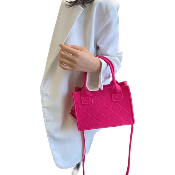 Neon Pink Felt Quilted Square Mini Crossbody Shoulder Bag Purse - Picture 2 of 8
